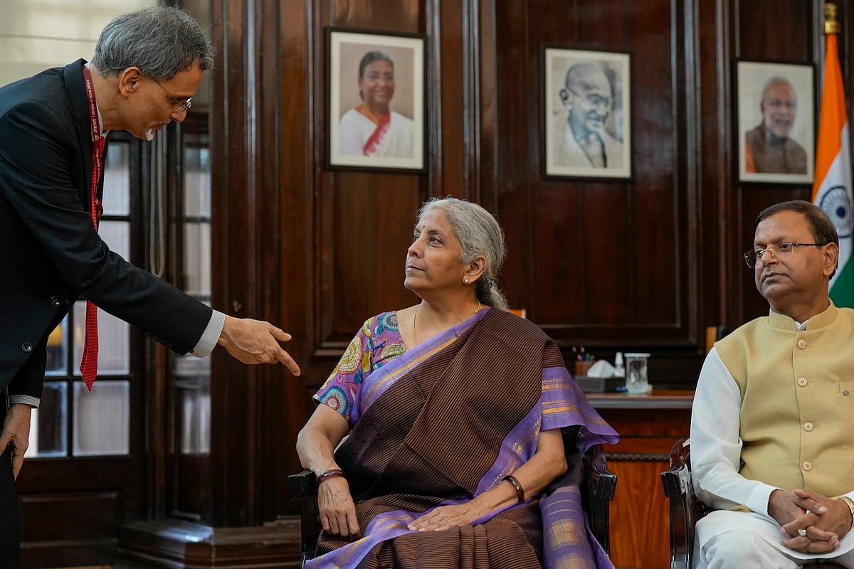 Union Finance Minister Nirmala Sitharaman with Pankaj Chaudhary and Chief Economic Adviser V Anantha Nageswaran during giving final touches to the Union Budget, in New Delhi, Monday, July 22, 2024. 